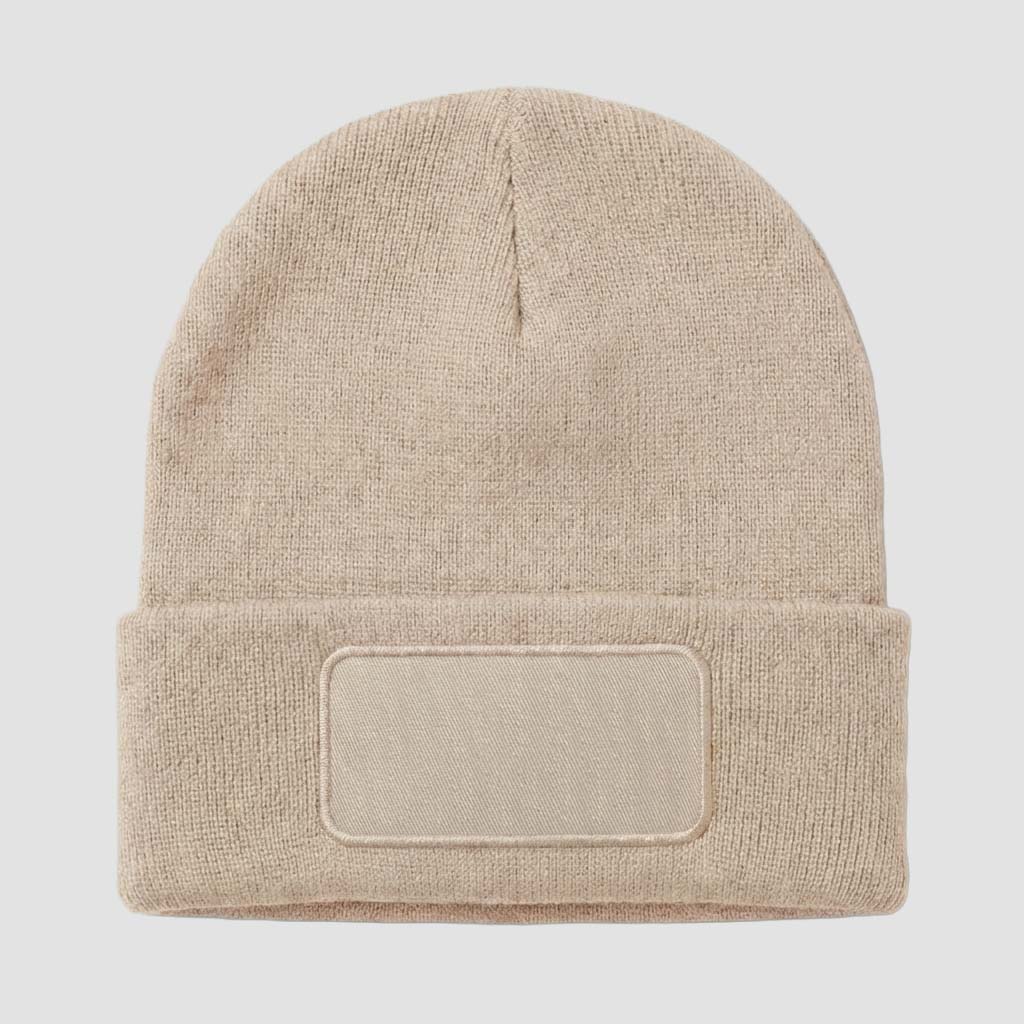 Beige personalizable Box-Patch Beanie by MisterMerch, featuring a stitched logo patch and a snug fit.